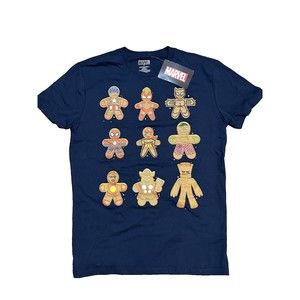 Marvel Ginger Bread Cookies Holiday Navy Blue Short Sleeve Shirt M